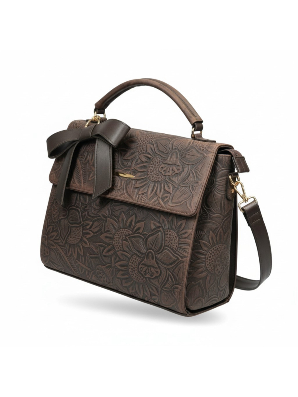 Dark Chocolate Brown Floral Embossed Tooled Artisan Oiled LEATHER Crossbody Bag